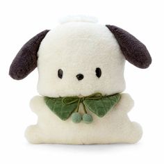 a white stuffed animal with a green bow around it's neck and eyes, on a white background