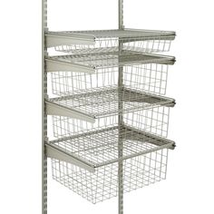 four wire baskets are stacked on top of each other in this storage rack for storing items