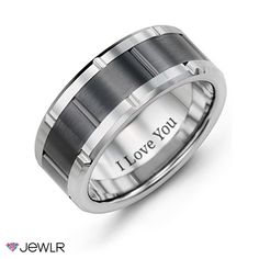 a men's wedding band with an inscription engraved on the side in stainless steel