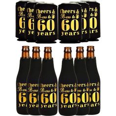 six black and gold beer bottles with the number sixty years on them, all labeled in gold