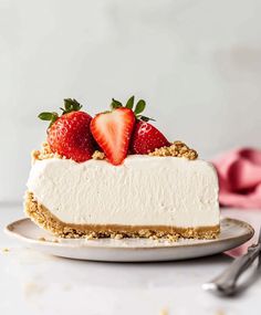 a slice of cheesecake with strawberries on top