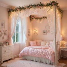 a bedroom decorated in pink and white with flowers on the bed, lights strung over the headboard