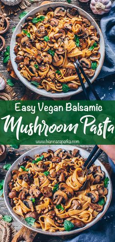 mushroom pasta in a pan with mushrooms and parsley on the side