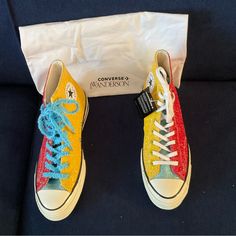 Converse X Jw Anderson Nwt Glitter Hi Tops. For The Converse X Jw Anderson Collaboration, The Traditional Converse Chuck Taylor High Top Sneaker Comes In A Multicoloured, Red & Yellow And Turquoise Glitter Finish. Complete With A Lace-Up Fastening And Rubber Sole. Comes With Both Fuzzy Blue Laces And Plain White. Women’s Size 11 1/2; Men’s Size 9 1/2. Comes With Dust Bag. Converse X Jw Anderson, Mint Sneakers, Suede Converse, Converse All Star White, Chuck Taylor Shoes, Black And White Converse, Pride Shoes, Yellow And Turquoise, Black High Top Sneakers