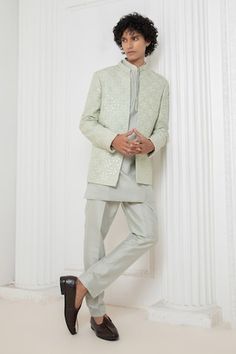 Aqua blue bundi jacket with floral embroidery. Paired with a short kurta and straight pyjama. - Aza Fashions Fitted Bandhgala Straight Kurta For Spring, Spring Fitted Dabka Sherwani, Jatin Malik, Haldi Outfit, Kurta Set For Men, Short Kurta, Moroccan Interiors, Nehru Jackets, Floral Jacket