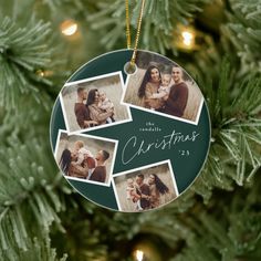 a christmas ornament hanging on a tree with four photos in the center and words saying, caring our bleedings