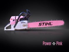 a pink and white chainsaw sitting on top of a black background with the words, power - n - pink