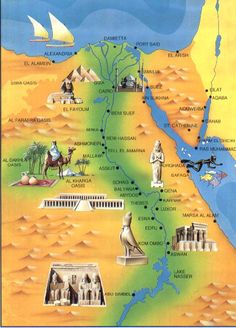 an illustrated map of egypt with all the major cities and their names in english or arabic