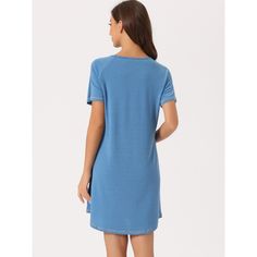 This soft fabric and breathable lounge dress for women is constructed of 95% Polyester and 5% Spandex fabric, comfy, moisture-wicking, breathable, and skin friendly. Featuring round neck, two pockets and short sleeves design, makes you feel cozy all night, enjoy a comfortable sleep and sweet dream. Great for loungewear, nightwear, sleepwear, home bedroom, and daily wear. No matter the cozy bedtime, casual home relaxation, laze afternoon, or comfy bath, the soft and lightweight nightdress could a Casual Light Blue Sleepwear, Light Blue Casual Sleepwear, Casual Crew Neck Summer Nightgown, Summer Crew Neck Nightgown For Loungewear, Casual V-neck Stretch Nightgown, Blue Summer Sleepwear For Relaxation, Blue Sleepwear For Summer Relaxation, Blue Stretch Sleepwear For Relaxation, Blue Stretch Sleepwear