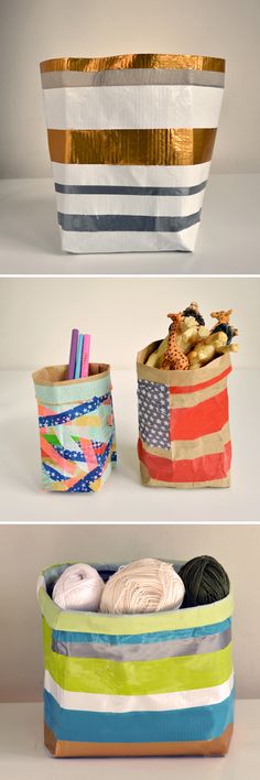 three different types of baskets with yarn in them and one has an american flag design on it