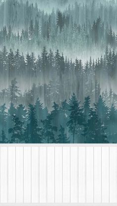 a forest scene with trees and fog in the sky