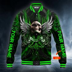 AIO Pride Green Survivor Skull Wing Custom Name Baseball Varsity Jacket These jacket is custom-made-to-order and handcrafted to the highest quality standards. Each shirt is constructed from a premium polyester blend that is ultra-soft and incredibly comfortable. Features a specialty high definition heat-dye application that ensures long lasting color vibrancy even after machine washing. Fabric is durable and resistant to wrinkles, shrinking and mildew. Each shirt is custom printed, cut and sewn Customizable Long Sleeve Winter Outerwear, Skull Pants, Skull Fire, Tattoo T Shirts, Baseball Varsity Jacket, Personalized Baseballs, Original Movie Posters, Baseball Jacket, Personalized Products