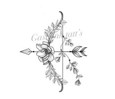 a cross with flowers and an arrow tattoo design on the back of the shoulder or upper arm