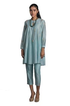 Blue Silk Salwar Kameez For Spring, Spring Blue Silk Salwar Kameez, Spring Designer Wear Blue Sets, Designer Spring Blue Set, Festive Blue Pant Set, Festive Blue Sets With Straight Pants, Festive Blue Straight Pant Set, Blue Block Print, Blue Kurta