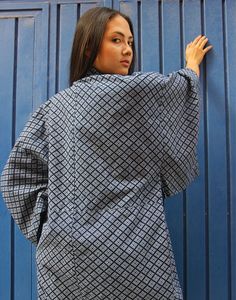 Vintage kimono jacket in blue with a pale blue geometric print. Box sleeves. Fully lined. No fastenings. One size, suitable UK size 6-18 (Eur 34-46). Measurements - 46"(117cm) bust - 12.5"(32cm) sleeve length - 54"(138cm) length. Material - Mixed. Condition - Excellent. Handpicked, repaired and ready to wear. This is an original vintage item, not new and minor signs of wear & age are expected, we will highlight any major flaws. Model is a UK 6/8 and is 5'7" tall. Blue Cotton Long Sleeve Kimono, Blue Long-sleeved Cotton Kimono, Blue Long Sleeve Cotton Kimono, Blue Casual Kimono For Winter, Casual Blue Kimono For Winter, Blue Casual Winter Kimono, Casual Blue Long Sleeve Kimono, Blue Cotton Outerwear With Kimono Sleeves, Oversized Blue Kimono For Fall