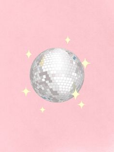 a shiny disco ball with stars on a pink background