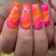 Orange Manicure Ideas, Bright Coral Nails, Orange Manicure, Pink And Orange Nails, Neon Coral Nails, Easy Nail Polish, Bright Orange Nails, Coral Nails With Design, Orange Ombre Nails