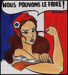 a drawing of a woman with an evil look on her face and arms, in front of a french flag