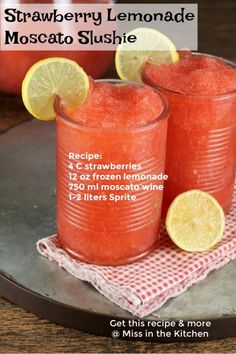 strawberry lemonade moscato slushie recipe on a tray with two glasses