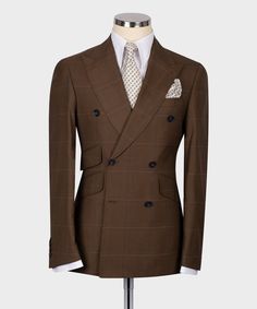 Luxury Brown Double Breasted Classic Suit, Luxury Brown Double Breasted Suit, Designer Double Breasted Business Suit, Designer Double Breasted Fitted Suit For Business, Designer Double Breasted Fitted Business Suit, Designer Fitted Double Breasted Business Suit, Fitted Brown Suit, Classic Double Breasted Suit With Custom Fit, Classic Brown Double Breasted Suit For Semi-formal Occasions