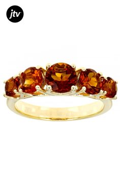 2.09ctw Round Madeira Citrine 18k Yellow Gold Over Sterling Silver 5-Stone Band Ring. Measures Approximately 0.86"L x 0.23"W. Not Sizeable. Band Ring, Citrine, Band Rings, 18k Gold, Yellow Gold, Sterling Silver, Band, Orange, Ring