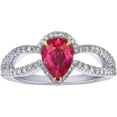 1.42 Carat Pear Shape Ruby and Diamond Platinum Ring | From a unique collection of vintage Fashion Rings at https://www.1stdibs.com/jewelry/rings/fashion-rings/. Red Ruby Ring With Brilliant Pear-shaped Cut, Red Pear-shaped Ruby Ring With Brilliant Cut, Red Pear-shaped Ruby Ring, Red Pear-shaped Ruby Ring With Center Stone, Pear-shaped Ruby Ring With Center Stone, Pear-shaped Ruby Rings, Pear-shaped Ruby Ring With Halo Setting, Aquamarine Engagement Rings, Pear Shape Ring