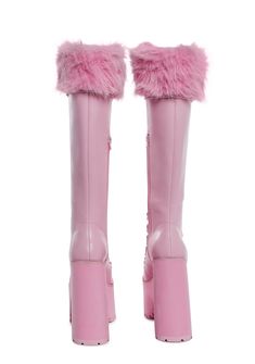 cuz you always know how to charm! These knee high platform boots have a vegan leather construction with faux fur trim, chunky block heels, extra long adjustable laces with tonal D-ring hardware, and side zip closures. Pink Platform Boots For Winter, Pink Knee-high Heeled Boots For Winter, High Platform Boots, Coquette Clothing, Knee High Platform Boots, Sassy Outfit, Sugar Thrillz, Digital Closet, Cute Heels