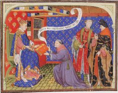 an illustration of a medieval scene with men and women dressed in period clothing talking to each other