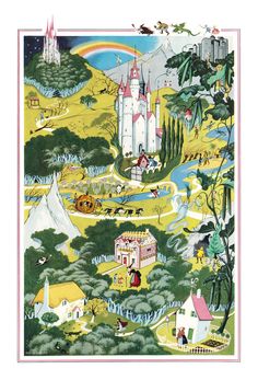 an illustration of a castle in the middle of a forest with lots of trees and animals