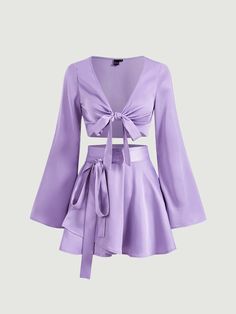 Lilac Purple Casual Collar Long Sleeve  Plain  Embellished High Stretch  Women Co-ords Purple Dress Outfits, Ruffle Hem Skirt, Purple Outfits, Tie Front Top, Hem Skirt, Looks Chic, Kpop Fashion Outfits, Fancy Outfits, Teenage Fashion Outfits