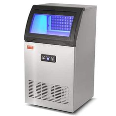 a small ice machine with blue lights on the front and side panels, sitting upright against a white background