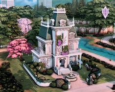 an artistic rendering of a house in the middle of a park with trees and flowers