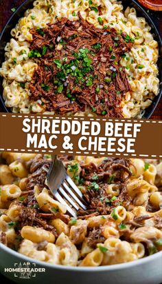 shredded beef macaroni and cheese in a skillet with a fork on the side