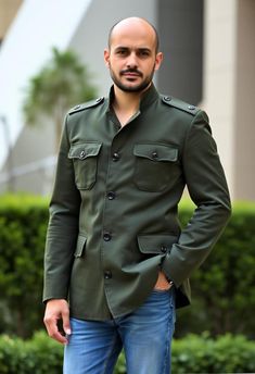 This olive green military-style jacket is a perfect blend of ruggedness and sophistication. Featuring buttoned pockets and a structured design, it offers a sharp, masculine look ideal for casual outings or layered with formal attire. Made from polyester fabric, this jacket ensures comfort and style for everyday wear. The cost includes one blazer only. Dryclean only. Olive Military Style Outerwear With Pockets, Military Style Olive Cotton Outerwear, Olive Military Button-up Outerwear, Olive Military Outerwear With Pockets, Khaki Military Outerwear With Pockets, Jacket Sport, Structured Design, Sport Jacket, Military Style Jackets