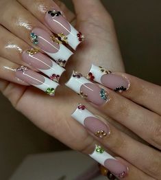 nail inspo French Tip Nails With Gems Rhinestones, Nail Inspo Rhinestones, Nails With Jewels Rhinestones, Nail Inspo With Gems, Goth Ootd, Gem Nail Designs, Inspiration Nails, Nail Board, Girly Acrylic