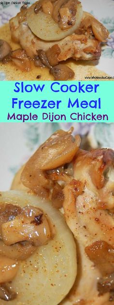 this is an image of slow cooker freezer meal made with chicken and mushrooms