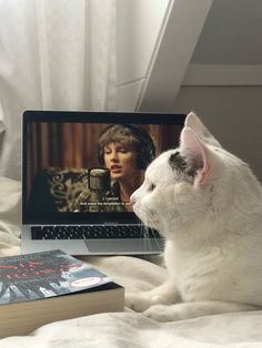 a white cat sitting on top of a bed next to a book and laptop computer