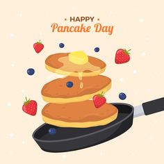 pancakes with butter and strawberries are being cooked in a pan on a holiday card