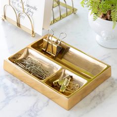 brass catchall tray with assorted paper holders in it Brass Desk Accessories, Brass Desk, Catchall Tray, Vintage Silverplate, Brass Plate, Odds And Ends, Bar Glassware, Stationery Accessories, Brass Decor