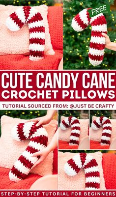 the crochet candy cane pillow is shown with instructions to make it in red and white