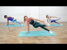 three women are doing exercises on yoga mats