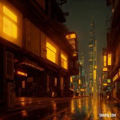 a city street at night with people walking on the sidewalk and buildings in the background