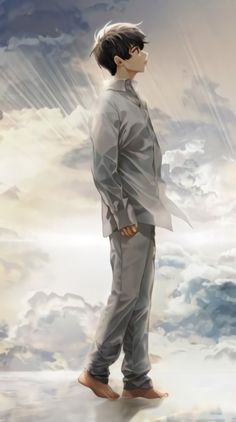 a man standing in the middle of clouds with his hands on his hips looking at something