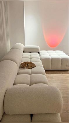 a living room filled with furniture and a cat laying on top of the sectional couch