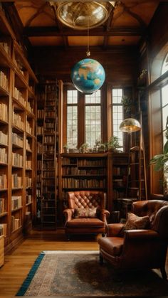 an old library with leather chairs and bookshelves filled with lots of bookcases