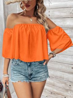 Orange Casual Collar Short Sleeve Fabric Plain Top Embellished Non-Stretch  Women Clothing Billowy Sleeves, Tops For Women Casual, Simple Bangle, Mini Necklace, Tiered Maxi Skirt, Orange Top, Yellow Blouse, Necklace Simple, Boho Top