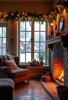 a living room filled with furniture and a fire place in front of a large window