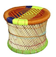 an orange and yellow basket with handles on top of the lid is sitting in front of a white background