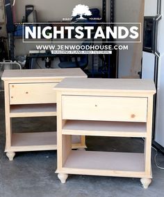 two unfinished nightstands sitting next to each other in front of a refrigerator with the words nightstands on it