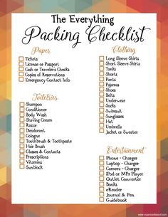 the everything packing checklist is shown in orange and white